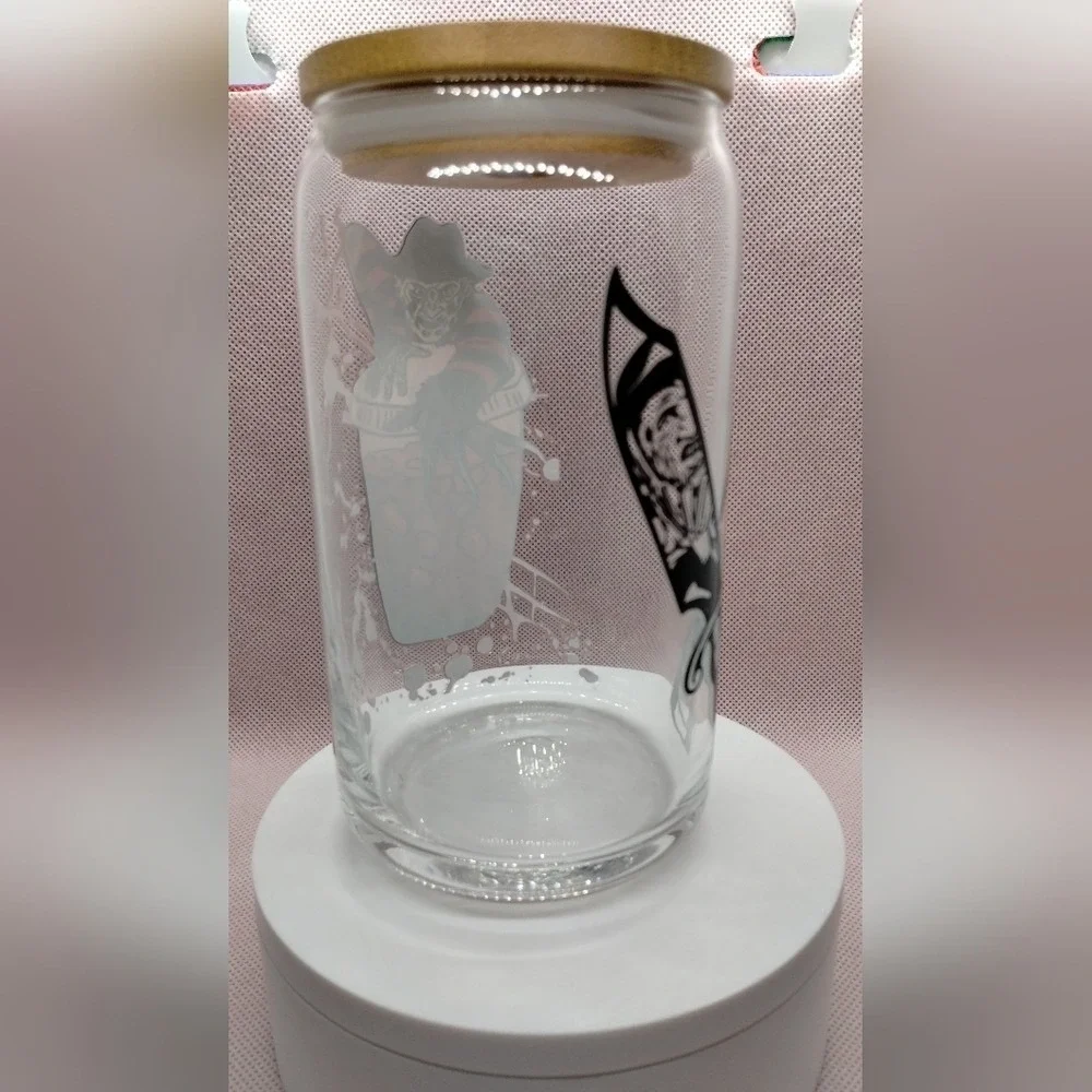 Freddy Krueger Horror 16oz Glass Can Cup Bamboo Lid Straw UV DTF Wrap Handmade